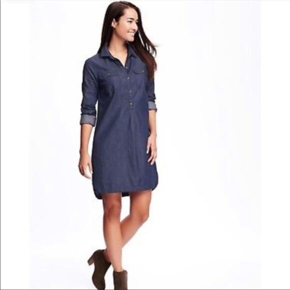 NWT Old Navy Blue Chambray Dark Wash Denim Cotton Shirt Dress Women's XL - Picture 1 of 13
